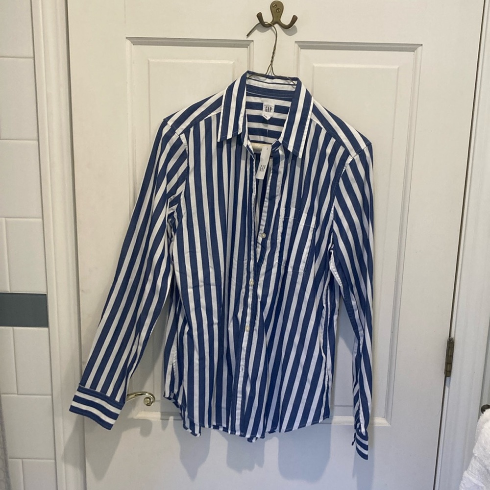 Blue and White Striped Button-Up Shirt NWT (women’s)